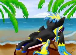 Size: 2542x1850 | Tagged: safe, artist:midnightfire1222, derpibooru import, oc, oc:arc flash, pony, beach, beach chair, ocean, palm tree, relaxation, solo, sunglasses, tree