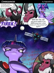 Size: 2550x3450 | Tagged: safe, artist:tadpoledraws, derpibooru import, cozy glow, lord tirek, queen chrysalis, twilight sparkle, twilight sparkle (alicorn), alicorn, centaur, pony, season 9, spoiler:s09, armpits, big red button, cease and desist, comic, evil grin, flapping, flexing, grin, hasbro, high res, laser, latin, moon, orbital friendship cannon, rage, scary, smiling, space, space station, spooky, sweat, sweatdrop, yelling