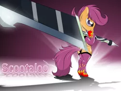 Size: 3072x2304 | Tagged: suggestive, artist:v-d-k, derpibooru import, scootaloo, pony, bipedal, butt, carrying, clothes, giant sword, plot, scootabutt, socks, solo, sword, thigh highs, weapon