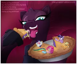 Size: 974x820 | Tagged: suggestive, artist:vertical-misfit, derpibooru import, applejack, fluttershy, pinkie pie, rainbow dash, rarity, tempest shadow, twilight sparkle, butt, esophagus, fetish, flutterprey, food, gullet, imminent vore, lyrics, macro/micro, mane six, mawshot, mucous, mucus, open mouth, open up your eyes, parody, pie, pinkie prey, plot, preydash, preyjack, preylight, rariprey, shrunk, slimy, tempred, text, tongue out, uvula