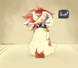 Size: 839x736 | Tagged: safe, artist:cokesleeve, derpibooru import, oc, oc:red ink, pony, collar, dock, facing away, female, solo, speech bubble, spiked collar, sup