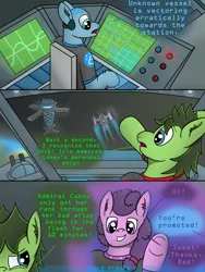 Size: 3024x4032 | Tagged: safe, artist:tacomytaco, derpibooru import, oc, oc:admiral casey, oc:captain conray, oc:eickland, unofficial characters only, earth pony, pony, comic:space floofs, bipedal, comic, headset, offscreen character, space, spaceship, text