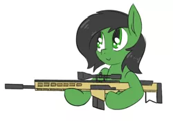Size: 3580x2520 | Tagged: safe, artist:exvius, derpibooru import, oc, oc:anon, oc:anonfilly, pony, cute, female, filly, gun, happy, rifle, simple background, solo, weapon, white background