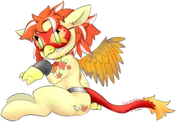 Size: 905x629 | Tagged: safe, artist:cokesleeve, derpibooru import, oc, oc:red ink, gryphon, clothes, costume, grin, simple background, smiling, solo, transparent background
