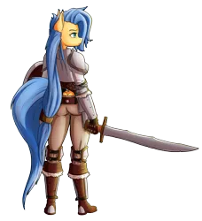 Size: 1674x1839 | Tagged: anthro, artist:ikarooz, derpibooru import, female, knight, mare, oc, oc:shadow chisel, safe, simple background, solo, sword, weapon