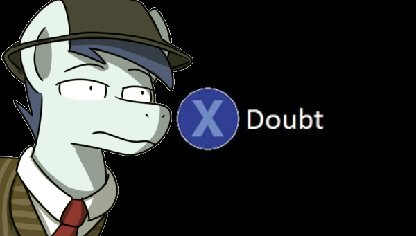 Size: 600x341 | Tagged: safe, artist:sugar morning, derpibooru import, oc, oc:slipstream, unofficial characters only, black background, boofy, bust, clothes, doubt, hat, l.a. noire, male, meme, ponified meme, portrait, press x to doubt, simple background, stallion, text