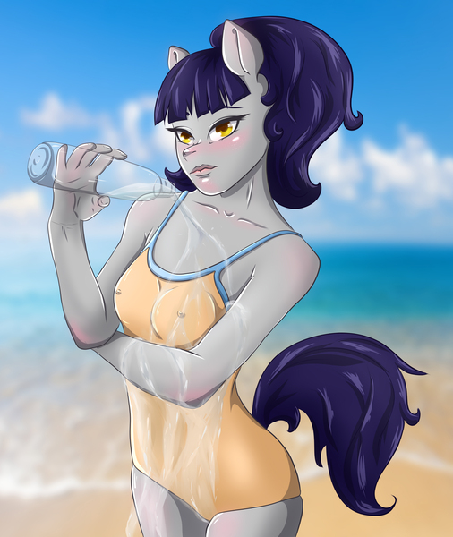 Size: 2528x3000 | Tagged: anthro, artist:toshikama, beach, breasts, clothes, derpibooru import, erect nipples, nipple outline, oc, oc:fruity blossom, one-piece swimsuit, questionable, see-through, swimsuit, unofficial characters only, water, wet
