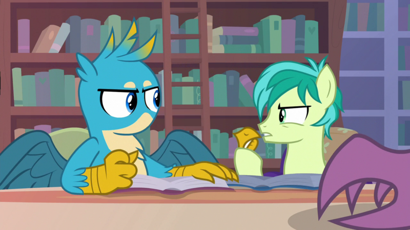 Size: 1280x720 | Tagged: safe, derpibooru import, edit, edited screencap, screencap, gallus, sandbar, silverstream, gryphon, what lies beneath, beak, beakless, book, bookshelf, cartoon physics, duo focus, got your nose, i have no mouth and i must scream, ladder, male, modular, no mouth, offscreen character, wat