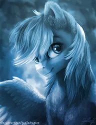 Size: 3529x4600 | Tagged: safe, artist:gaelledragons, derpibooru import, rainbow dash, pegasus, pony, abstract background, bust, cheek fluff, chest fluff, cute, dashabetes, detailed, ear fluff, eye reflection, female, fluffy, looking at you, mare, monochrome, neck fluff, portrait, reflection, shoulder fluff, smiling, solo, wing fluff