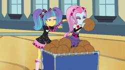 Size: 640x359 | Tagged: safe, derpibooru import, screencap, pixel pizazz, violet blurr, equestria girls, photo finished, rainbow rocks, animated, basketball, bored, canterlot high, duo, duo female, female, gif, gym, pigtails, sports, the snapshots, twintails