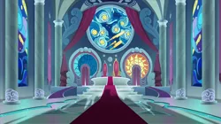 Size: 2100x1180 | Tagged: canterlot, canterlot castle, canterlot throne room, carpet, derpibooru import, no pony, safe, screencap, stained glass, the beginning of the end, throne, throne room