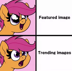 Size: 1035x1024 | Tagged: safe, derpibooru import, scootaloo, pegasus, pony, derpibooru, bust, dilated pupils, eyes on the prize, female, filly, frown, happy, looking up, meme, meme template, meta, open mouth, shocked, simple background, solo, surprised, text, trending images, wide eyes