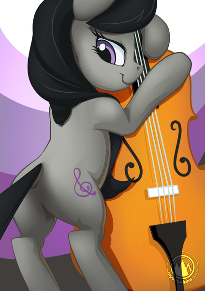 Size: 955x1351 | Tagged: safe, alternate version, artist:mysticalpha, derpibooru import, octavia melody, earth pony, pony, bipedal, bipedal leaning, cello, female, leaning, looking at you, looking back, looking back at you, mare, musical instrument, smiling, solo