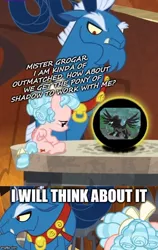 Size: 500x791 | Tagged: safe, derpibooru import, edit, edited screencap, screencap, cozy glow, grogar, pony of shadows, pegasus, pony, the beginning of the end, caption, crystal ball, female, filly, grogar's crystal ball meme, grogar's orb, image macro, text