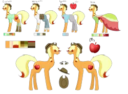Size: 7370x5385 | Tagged: safe, artist:moonlight0shadow0, derpibooru import, oc, oc:jacklyn apples, unofficial characters only, earth pony, pony, apple, bag, bandage, boots, chest fluff, clone, clothes, cowboy boots, cowboy hat, dress, ear piercing, earring, female, flannel, food, freckles, hat, heterochromia, hoof wraps, jeans, jewelry, mare, necklace, not applejack, pajamas, pants, piercing, pigtails, reference sheet, saddle bag, scar, shirt, shoes, simple background, skirt, socks, solo, striped socks, t-shirt, torn clothes, transparent background, twintails