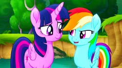 Size: 1280x720 | Tagged: safe, derpibooru import, screencap, rainbow dash, twilight sparkle, twilight sparkle (alicorn), alicorn, pony, my little pony: the movie, female, forest, grass, my little pony, oversaturation, pond, smiling