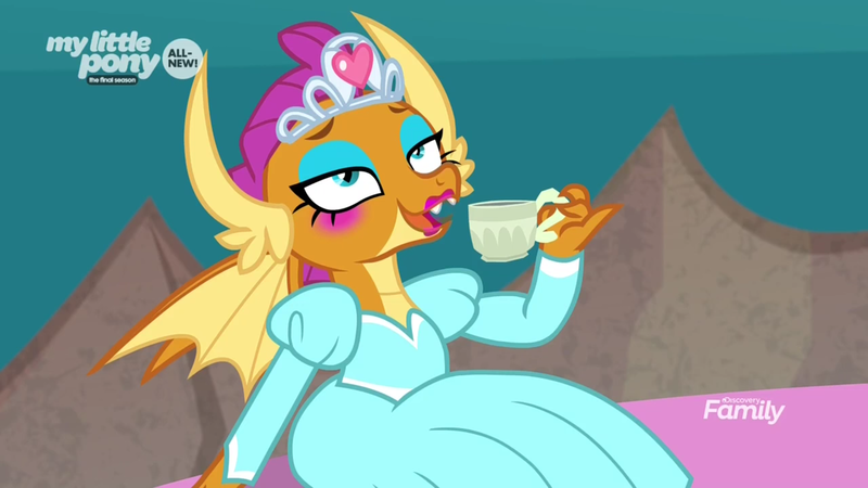 Size: 1920x1080 | Tagged: clothes, cup, cute, derpibooru import, discovery family logo, dragon, dragoness, dress, eyeshadow, female, food, jewelry, lidded eyes, lipstick, makeup, princess smolder, safe, screencap, smolder, smolderbetes, solo, tea, teacup, tiara, uprooted