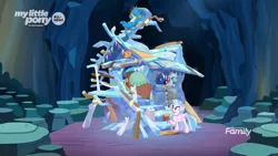 Size: 1085x610 | Tagged: safe, derpibooru import, screencap, gallus, ocellus, silverstream, tree of harmony, yona, changedling, changeling, classical hippogriff, gryphon, hippogriff, pony, yak, uprooted, all new, cave, cave of harmony, crystal, discovery family logo, text