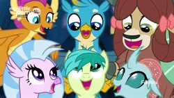 Size: 1920x1080 | Tagged: safe, derpibooru import, screencap, gallus, ocellus, sandbar, silverstream, smolder, yona, changedling, changeling, dragon, gryphon, pony, yak, uprooted, bow, cute, diaocelles, diastreamies, discovery family logo, dragoness, female, gallabetes, hair bow, happy, looking down, male, monkey swings, sandabetes, smolderbetes, student six, the place where we belong, yonadorable