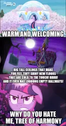 Size: 500x951 | Tagged: safe, derpibooru import, edit, edited screencap, screencap, twilight sparkle, twilight sparkle (alicorn), alicorn, pony, castle sweet castle, scare master, uprooted, caption, comparison, female, image macro, mare, text, treehouse of harmony, twilight's castle