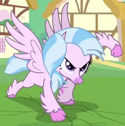 Size: 788x794 | Tagged: classical hippogriff, cropped, derpibooru import, female, ground, hippogriff, ponyville, punch, safe, screencap, silverstream, smashing, solo, superhero landing, uprooted