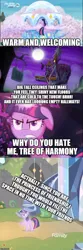 Size: 500x1509 | Tagged: safe, derpibooru import, edit, edited screencap, screencap, tree of harmony, twilight sparkle, twilight sparkle (alicorn), alicorn, pony, castle sweet castle, scare master, uprooted, caption, comparison, female, harmy castle, image macro, mare, text, treehouse of harmony, treelight sparkle, twilight's castle