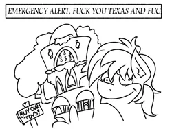 Size: 1672x1276 | Tagged: safe, artist:cowsrtasty, derpibooru import, sandbar, pony, uprooted, black and white, buy our toys, derp, emergency alert system, grayscale, meme, moe syzlak, monochrome, sandbar is a goddamn moron, simple background, that was fast, treehouse of harmony, vulgar, white background