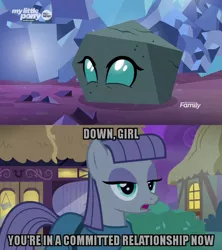 Size: 1280x1440 | Tagged: caption, cave, derpibooru import, disguise, disguised changeling, edit, edited screencap, image macro, implied lesbian, maud pie, ocellus, ponyville, rock, rockellus, safe, screencap, temptation, text, that pony sure does love rocks, the maud couple, transformation, uprooted