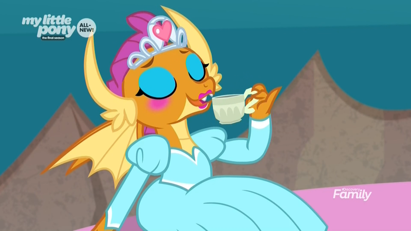 Size: 1920x1080 | Tagged: blushing, blush sticker, clothes, cup, cute, derpibooru import, discovery family logo, dragon, dragoness, dream sequence, dress, eyes closed, eyeshadow, female, food, jewelry, lipstick, makeup, princess smolder, safe, screencap, smolder, smolderbetes, solo, tea, teacup, tiara, uprooted