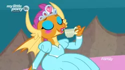 Size: 1920x1080 | Tagged: blushing, blush sticker, clothes, cup, cute, derpibooru import, discovery family logo, dragon, dragoness, dream sequence, dress, eyes closed, eyeshadow, female, food, jewelry, lipstick, makeup, princess smolder, safe, screencap, smolder, smolderbetes, solo, tea, teacup, tiara, uprooted