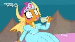 Size: 1920x1080 | Tagged: blushing, blush sticker, caught, clothes, cup, cute, derpibooru import, discovery family logo, dragon, dragoness, dream sequence, dress, female, food, jewelry, lipstick, princess smolder, safe, screencap, shrunken pupils, smolder, smolderbetes, tea, teacup, tiara, uprooted, wide eyes