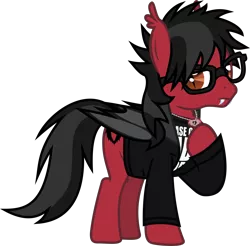 Size: 1385x1361 | Tagged: safe, artist:lightningbolt, derpibooru import, ponified, bat pony, pony, .svg available, bat wings, clandestine industries, clothes, ear fluff, emo, equestria girls ponified, fall out boy, fangs, folded wings, frown, glasses, glow, hair over one eye, hoof on chest, jewelry, lidded eyes, looking at you, male, messy mane, necklace, pete wentz, shirt, simple background, solo, stallion, standing, suit, svg, transparent background, undershirt, vector, wings