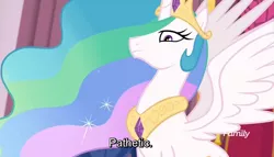 Size: 744x426 | Tagged: safe, derpibooru import, edit, edited screencap, screencap, princess celestia, alicorn, pony, equestria girls, equestria girls series, forgotten friendship, canterlot castle, castle, celestia is not amused, crown, discovery family, discovery family logo, end of evangelion, ethereal mane, female, flowing hair, flowing mane, jewelry, majestic, meme, multicolored mane, pathetic, regalia, serious, solo, sparkles, spread wings, stars, stern, text edit, the simpsons, throne room, unamused, watermark, wings