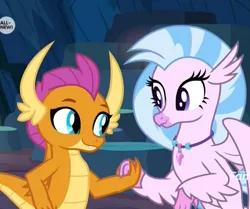 Size: 1291x1077 | Tagged: cropped, cute, derpibooru import, diastreamies, discovery family logo, dragon, dragoness, duo, female, holding hands, out of context, safe, screencap, silverstream, smolder, smolderbetes, uprooted