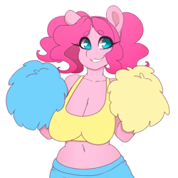 Size: 2249x2249 | Tagged: suggestive, alternate version, artist:tolsticot, derpibooru import, pinkie pie, anthro, earth pony, animated, anti-gravity boobs, armpits, belly button, big breasts, bouncing, bouncing breasts, breasts, busty pinkie pie, cheerleader, cheerleader pinkie, cleavage, clothes, female, frame by frame, loop, midriff, open mouth, pom pom, shorts, simple background, smiling, solo, solo female, sports bra, white background