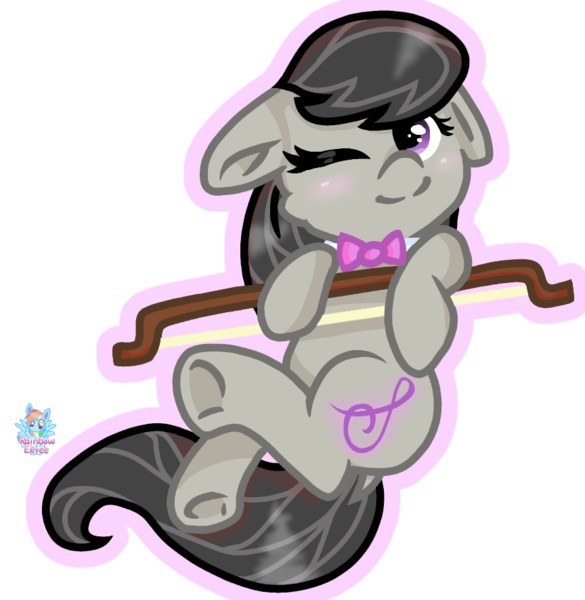 Size: 864x886 | Tagged: safe, artist:rainbow eevee, derpibooru import, octavia melody, pony, blushing, bow, bowtie, cute, cutie mark, female, floppy ears, hooves, mini pony, one eye closed, simple background, smiling, solo, transparent background, wink