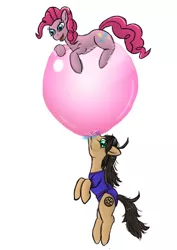 Size: 1920x2716 | Tagged: safe, artist:lizardwithhat, derpibooru import, pinkie pie, oc, oc:xeno, earth pony, pony, bubble, bubblegum, food, gum, hanging, happy, simple background