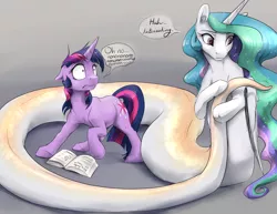 Size: 3300x2550 | Tagged: safe, artist:silfoe, derpibooru import, princess celestia, twilight sparkle, alicorn, lamia, original species, pony, snake, snake pony, unicorn, book, commission, cute, cutelestia, danger noodle, dialogue, female, floppy ears, frown, gradient background, gray background, gritted teeth, hoof fluff, lamiafied, leg fluff, looking back, mare, messy mane, monster mare, ophidiophobia, panic, raised hoof, scared, shrunken pupils, simple background, snakelestia, species swap, speech bubble, spell gone wrong, spellbook, surprised, tail, this will end in tears and/or a journey to the moon, transformation, unicorn twilight, wide eyes, wing fluff
