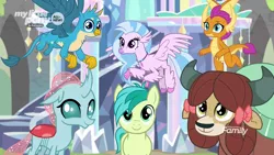 Size: 1920x1080 | Tagged: safe, derpibooru import, screencap, gallus, ocellus, sandbar, silverstream, smolder, yona, changedling, changeling, classical hippogriff, dragon, earth pony, gryphon, hippogriff, pony, yak, uprooted, bow, dragoness, female, flying, hair bow, male, monkey swings, smiling, student six, treehouse of harmony