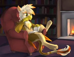 Size: 1320x1020 | Tagged: safe, artist:silfoe, derpibooru import, oc, oc:ember burd, unofficial characters only, gryphon, book, bookshelf, chair, colored wings, commission, eared griffon, fire, fireplace, gradient wings, griffon oc, male, paws, reading, smiling, solo, wings