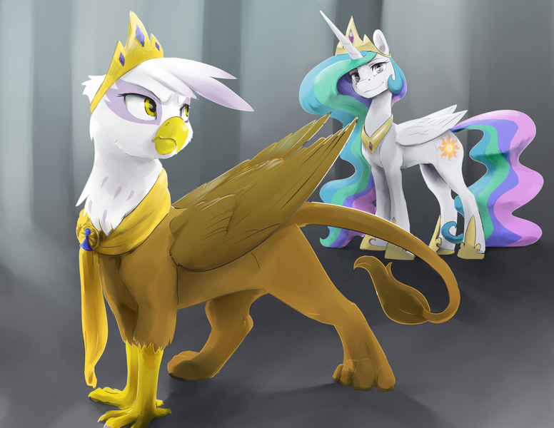 Size: 1320x1020 | Tagged: safe, artist:silfoe, derpibooru import, gilda, princess celestia, alicorn, gryphon, pony, fanfic:the 8th rank, commission, crown, duo, duo female, fanfic art, female, jewelry, looking back, mare, princess gilda, queen gilda, regalia, smiling