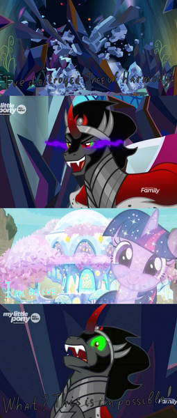 Size: 1700x4000 | Tagged: safe, derpibooru import, edit, edited screencap, screencap, king sombra, tree of harmony, twilight sparkle, pony, unicorn, the beginning of the end, uprooted, all for nothing, armor, black mane, cape, clothes, comic, crown, crystal, dark crystal, discovery family logo, fangs, funny face, green eyes, harmy castle, jewelry, majestic, male, meme, open mouth, red eyes, red horn, regalia, screencap comic, shocked, stallion, teeth, treehouse of harmony, treelight sparkle