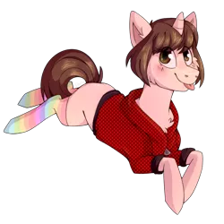 Size: 1000x1000 | Tagged: safe, artist:cinnamonsparx, derpibooru import, oc, oc:nicole, unofficial characters only, pony, unicorn, clothes, female, mare, prone, rainbow socks, shirt, simple background, socks, solo, striped socks, tongue out, transparent background