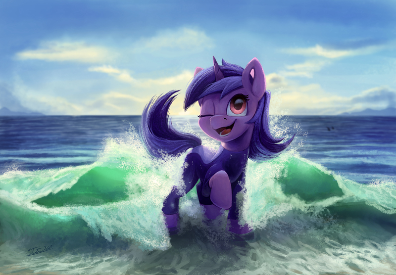 Size: 2000x1391 | Tagged: safe, artist:tsitra360, derpibooru import, sea swirl, seafoam, pony, unicorn, background pony, commission, cute, female, mare, ocean, one eye closed, open mouth, seadorable, smiley face, solo, wave, wetsuit, wink