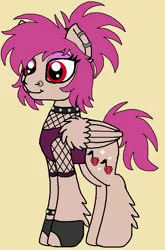 Size: 612x926 | Tagged: safe, artist:rosefang16, derpibooru import, oc, oc:raspberry jam, unofficial characters only, pegasus, pony, bracelet, choker, clothes, ear fluff, ear piercing, earring, eyeshadow, female, fingerless gloves, gloves, jewelry, leg fluff, magical lesbian spawn, makeup, mare, nose piercing, nose ring, offspring, parent:berry punch, parent:strawberry sunrise, parents:strawberry punch, piercing, simple background, solo, spiked choker, spiked wristband, tanktop, wing fluff, wristband, yellow background