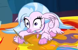 Size: 1107x707 | Tagged: collar, cropped, derpibooru import, female, folded wings, hippogriff, lying, paint, paintbrush, painting, safe, screencap, shocked, silverstream, solo, surprised, thousand yard stare, uprooted, wet, wet mane, wide eyes, wings
