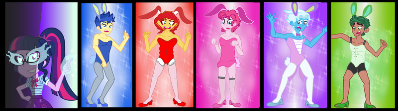 Size: 15117x4250 | Tagged: safe, artist:urhangrzerg, derpibooru import, flash sentry, pinkie pie, sci-twi, sunset shimmer, timber spruce, trixie, twilight sparkle, equestria girls, equestria girls series, armpits, bubble berry, bunny suit, clothes, costume, crossdressing, easter, equestria guys, geode of telekinesis, glasses, glowing hands, holiday, magical geodes, male, midnight sparkle, rule 63, sunset glare, tristan