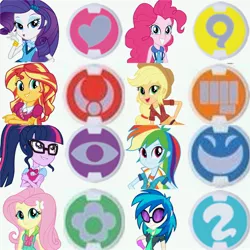 Size: 2160x2160 | Tagged: safe, derpibooru import, applejack, fluttershy, pinkie pie, rainbow dash, rarity, sci-twi, sunset shimmer, twilight sparkle, vinyl scratch, equestria girls, friendship games, spoiler:eqg specials, humane five, humane seven, humane six, looking at you, smiling, yo-kai watch, yo-kai watch yo-kai medal