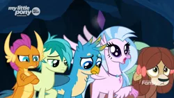 Size: 1414x796 | Tagged: safe, derpibooru import, screencap, gallus, sandbar, silverstream, smolder, yona, classical hippogriff, dragon, earth pony, gryphon, hippogriff, pony, yak, uprooted, bow, cute, diastreamies, discovery family logo, dragoness, female, hair bow, male, one of these things is not like the others, sad, sadorable, wide eyes