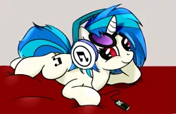 Size: 1149x749 | Tagged: safe, artist:notten1, derpibooru import, vinyl scratch, pony, unicorn, cute, female, glasses off, headphones, mare, mp3 player, music player, prone, solo, vinylbetes, wrong eye color